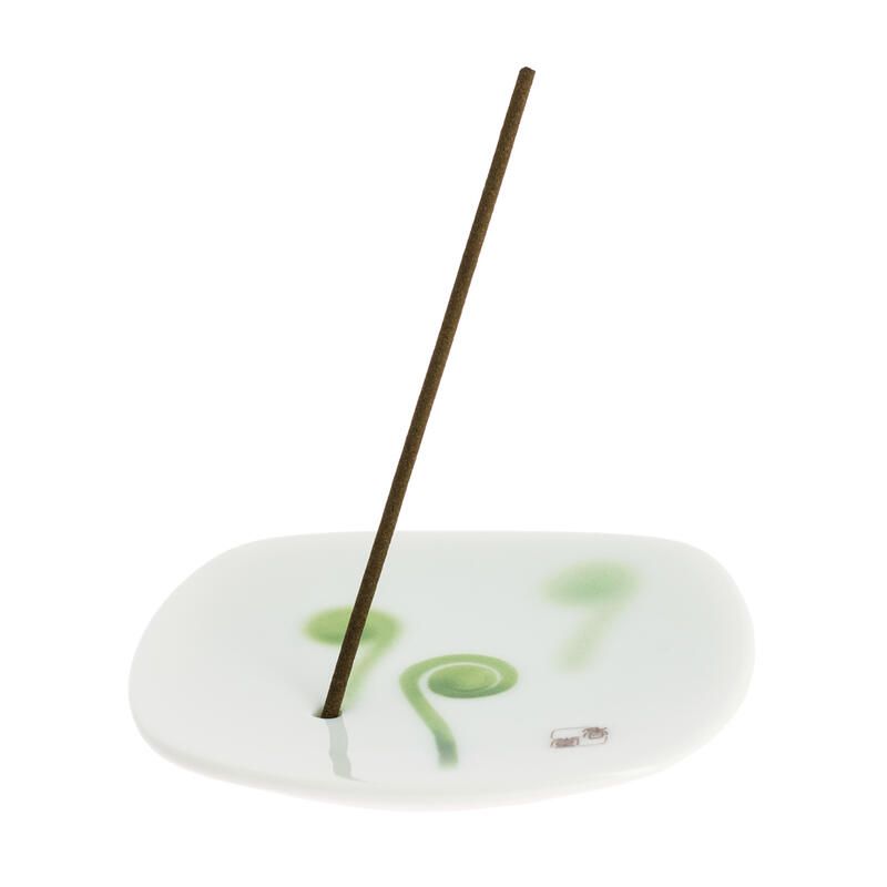 Japanese square ceramic incense holder, YUME SHIDA NO ME, fern sprout