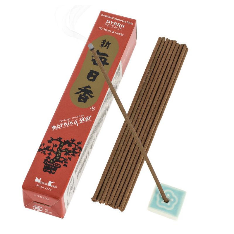 Boîte 50 bâtons d'encens japonais avec son support en céramique, MORNING STAR MYRRH, parfum Myrrhe