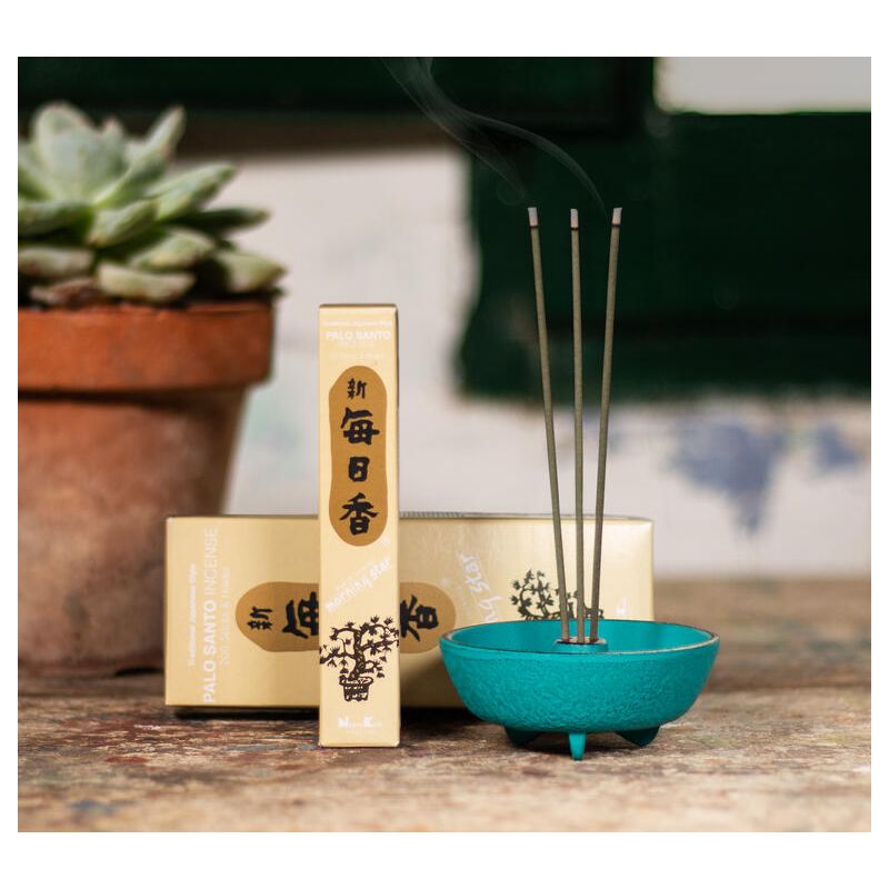 Box of 50 Japanese incense sticks with its ceramic holder, MORNING STAR PALO SANTO, palo santo fragrance