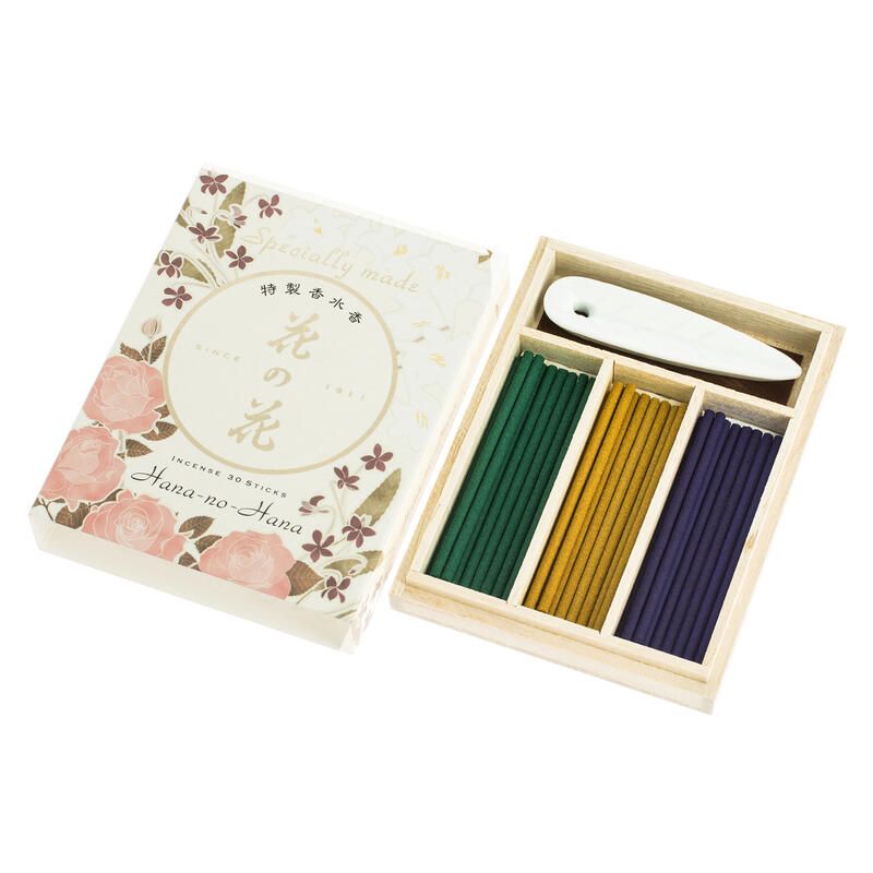 Etui en bois avec 30 bâtonnets et porte encens, HANA NO HANA EXCELLENT, Rose, Lys et Violette