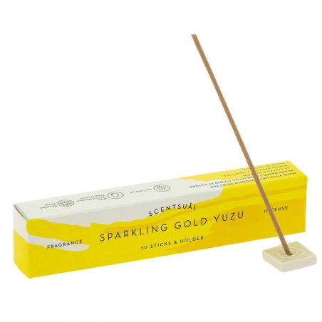 Caja de 30 varitas de incienso con porta incienso, YUZU SPENTS SPORKLING GOLD SCENTUAL, Lemon Yuzu