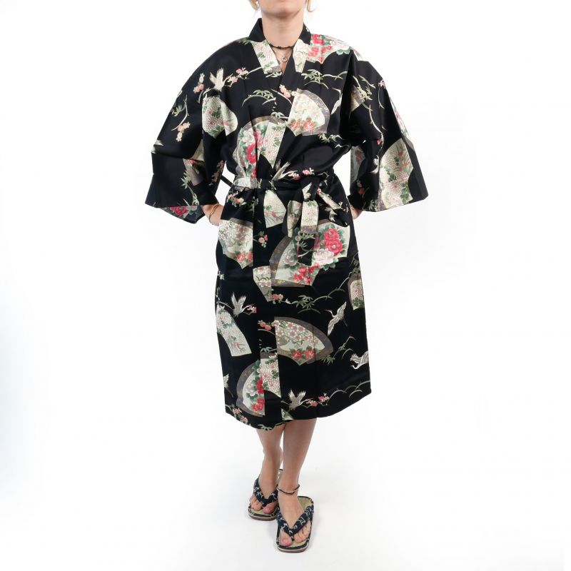 Kimono tradizionale giapponese Happi in cotone nero con motivo gru da donna, HAPPI YUKATA TSURU