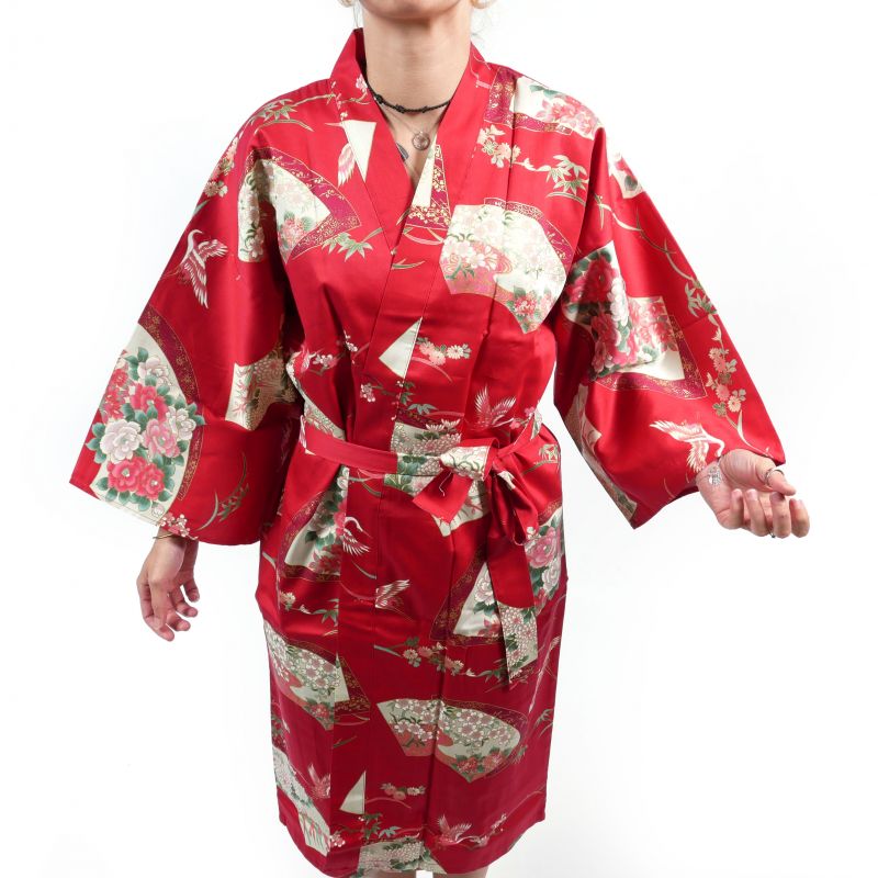 Traditional Japanese red cotton happi kimono with crane pattern for women, HAPPI YUKATA TSURU