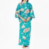 Traditional Japanese turquoise cotton yukata kimono with crane pattern for women, YUKATA TSURU