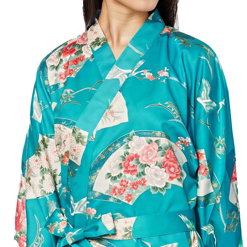 Traditioneller japanischer Yukata-Kimono aus türkisfarbener Baumwolle mit Kranichmuster für Damen, YUKATA TSURU