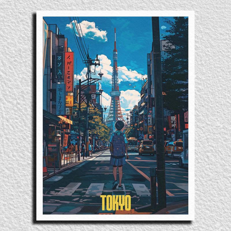 Japanese illustration "ALONE IN TOKYO", walking in the streets of Tokyo, by ダヴィッド