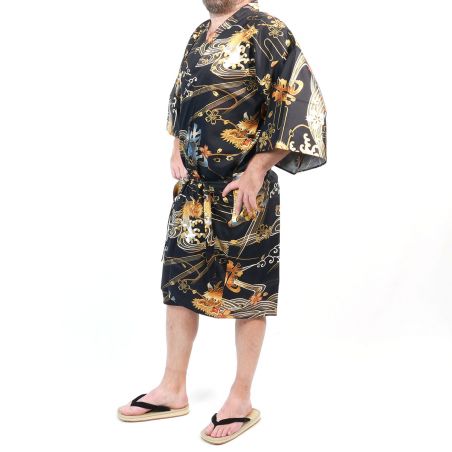 Black Japanese happi kimono with golden dragon in cotton for men - DORAGON