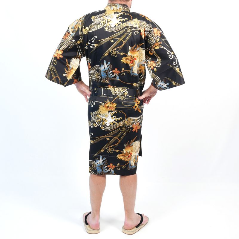 Kimono giapponese happi nero con drago dorato in cotone da uomo - DORAGON