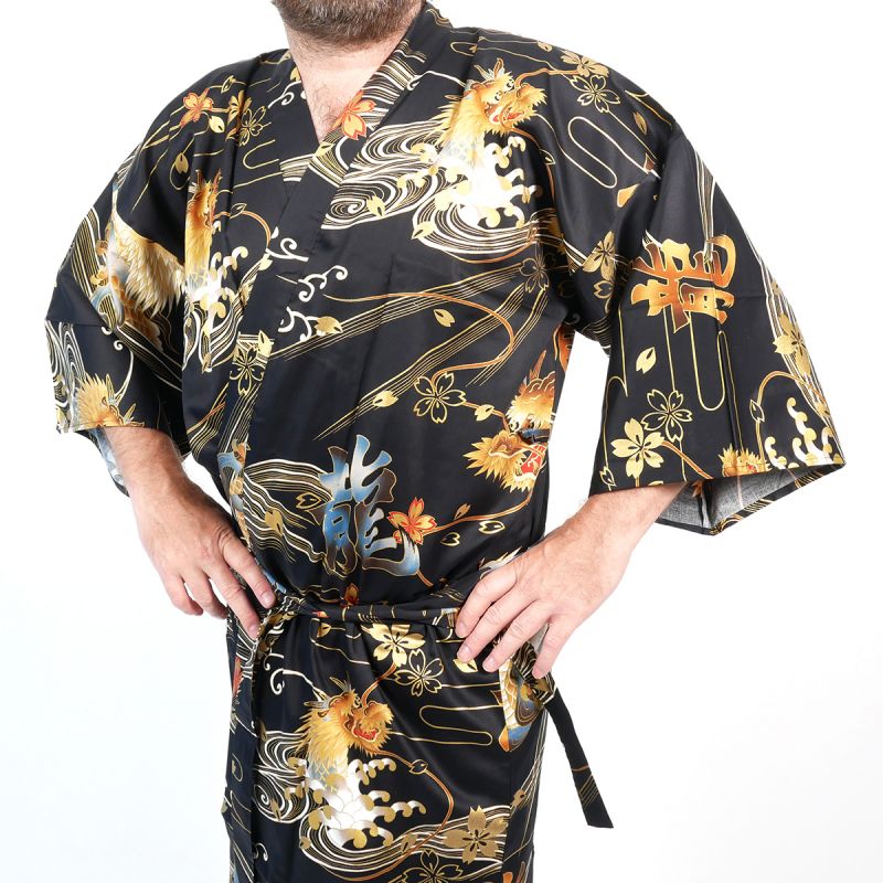 Schwarzer japanischer Happi-Kimono mit goldenem Drachen aus Baumwolle für Herren – DORAGON