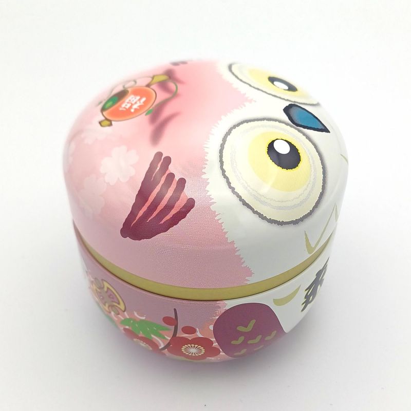 Boîte à thé japonaise rose en métal motif hibou, Furuko, 150gr