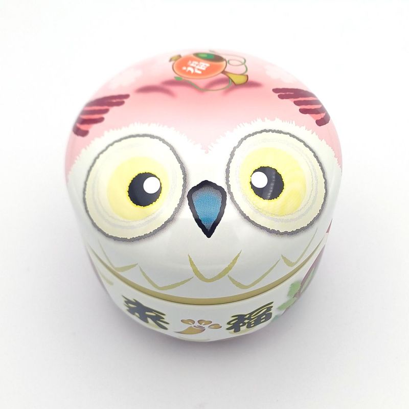 Boîte à thé japonaise rose en métal motif hibou, Furuko, 150gr