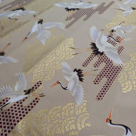 Tessuto di cotone giapponese beige, motivo gru e nuvole, TSURU KUMO NAMI, prodotto in Giappone larghezza 112 cm x 1 m