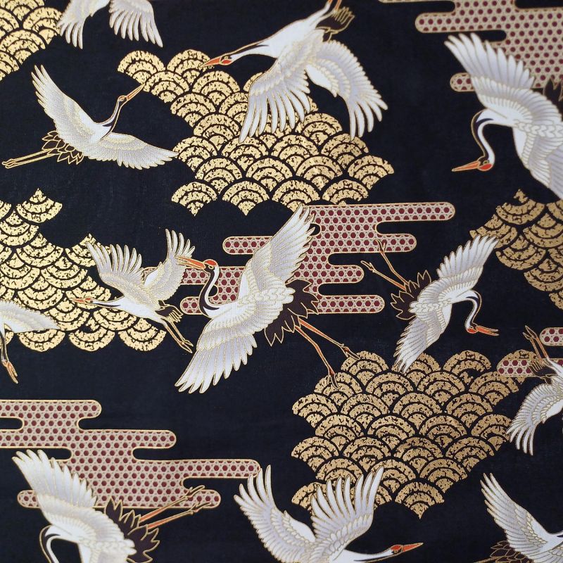 Tissu noir japonais en coton, motif grue et nuages, TSURU KUMO NAMI, fabriqué au Japon largeur 112 cm x 1m