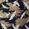 Tela japonesa de algodón negro, estampado de grullas y nubes, TSURU KUMO NAMI, hecho en Japón ancho 112 cm x 1m