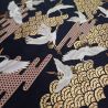 Japanese black cotton fabric, crane and clouds pattern, TSURU KUMO NAMI, made in Japan width 112 cm x 1m