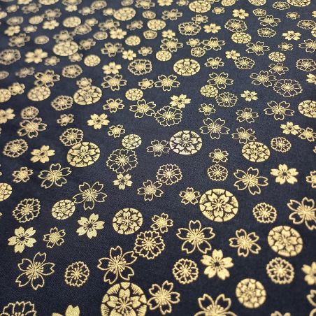 Tissu noir japonais en coton, motif fleur de prunier, SAKURA, fabriqué au Japon largeur 112 cm x 1m