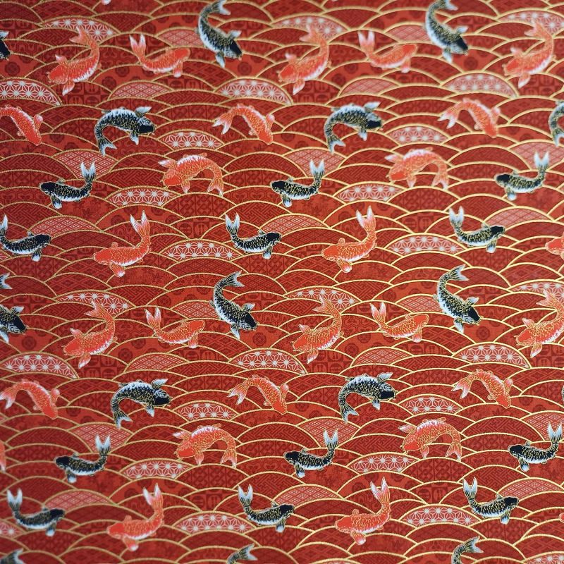 Japanese red cotton fabric, carp pattern, NAMI Koï, made in Japan width 112 cm x 1m