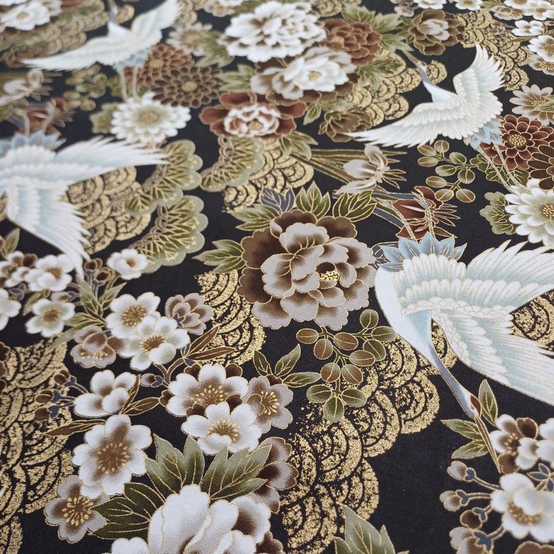 Japanese black cotton fabric, crane pattern, TSURU HANA MATSU, made in Japan width 112 cm x 1m