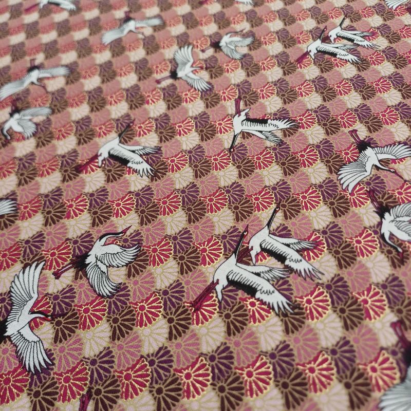 Japanese red cotton fabric, crane and chrysanthemum pattern, KIKKO TSURU, made in Japan width 112 cm x 1m