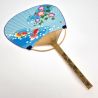 Japanese non-folding uchiwa fan in paper and bamboo Ipomoea and goldfish motif, 31x21.5 cm