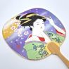 Éventail japonais non pliant uchiwa en papier et bamboo motif Geisha, SUMI, 26cm