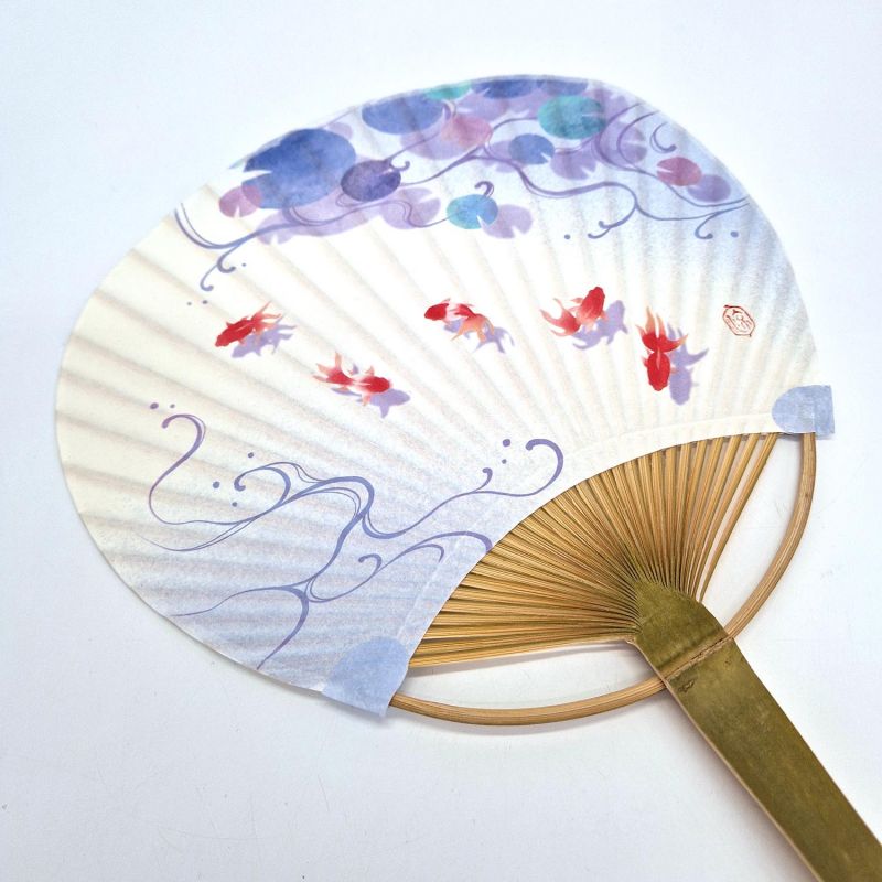 Japanese non-folding uchiwa fan in paper and bamboo with goldfish motif, GOLDFISH, 31x21.5 cm