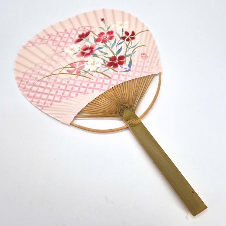 Japanese non-folding uchiwa fan in paper and bamboo with flower pattern, HANA, 38x24.5 cm