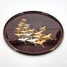 Round tray in brown lacquered effect with crane motif - TSURU 1