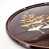 Round tray in brown lacquered effect with crane motif - TSURU 1