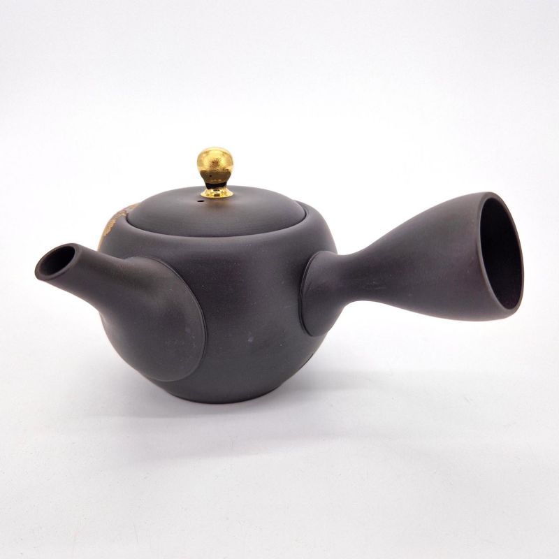 Japanese kyusu teapot in black tokoname clay with grape pattern, Budō, 270 cl