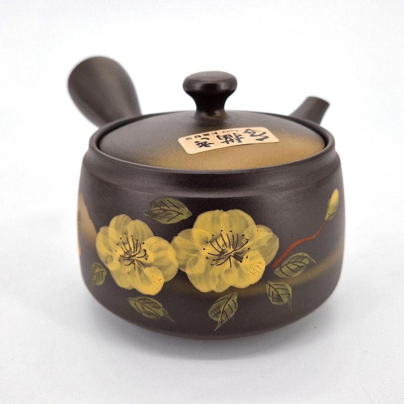 Japanische Kyusu-Teekanne aus brauner Keramik, Kiiroi Hana, 0,370 l