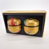 Duo of round Japanese tea boxes, red and green, SUZUKO HANAFUBUKI, 150gr