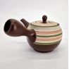 Théière kyusu japonaise tokoname marron motifs lignes rose et verte,SUTORAIPO, 350 cc