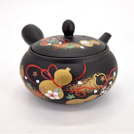 Théière kyusu japonaise en terre tokoname noire motif gourde, HYOTAN, 33 cl