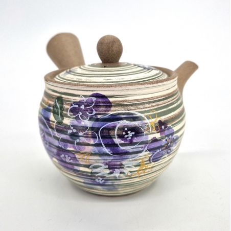 Tetera japonesa kyusu de color gris tierra con estampado de flores moradas, Murasaki no hana, 420 cc