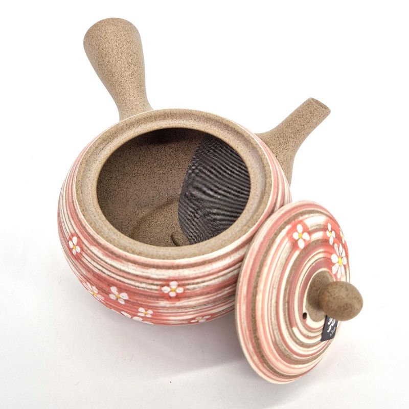 Japanische Kyusu-Teekanne aus grauer Erde mit rosa Blumenmuster, Pinku no hana, 410 cc