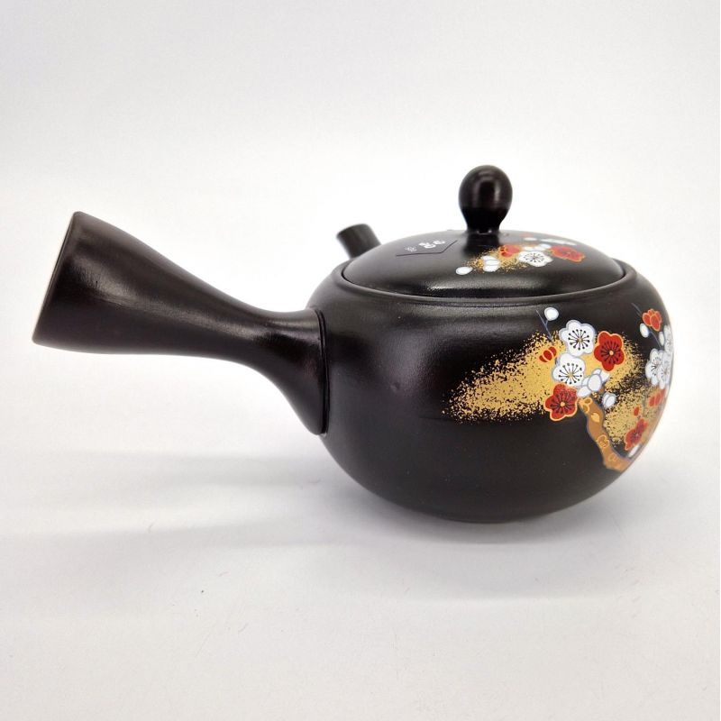 Japanese kyusu teapot in black tokoname clay with flower pattern, SAKURA, 400 cc