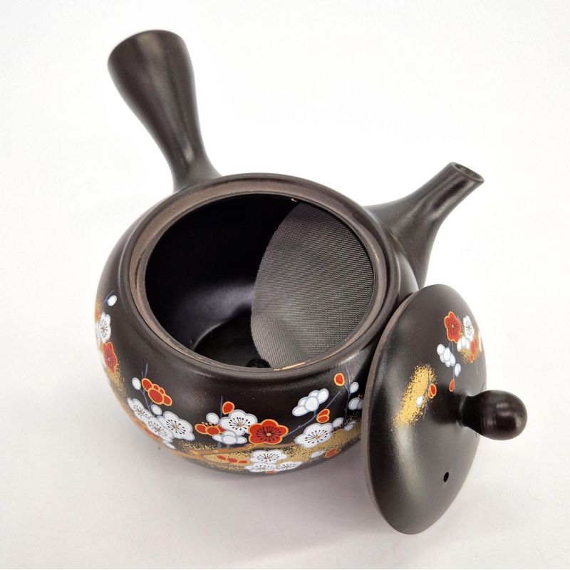 Japanese kyusu teapot in black tokoname clay with flower pattern, SAKURA, 400 cc