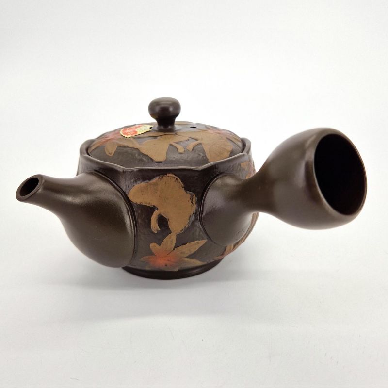 Japanese kyusu teapot in black tokoname clay with GINKGO MOMIJI pattern, 280 cc