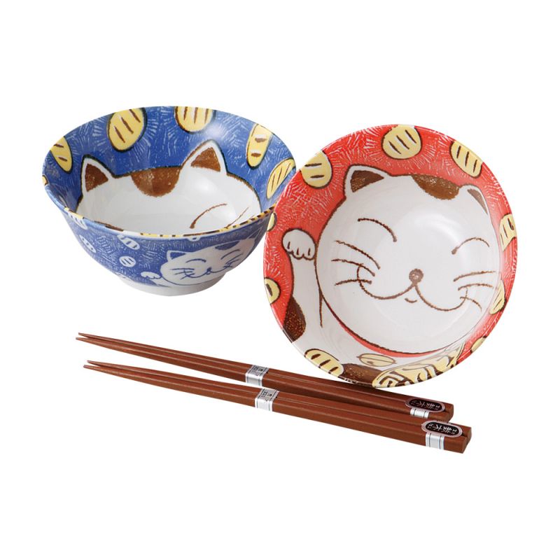 2 rice bowls set with cat pictures and pairs of chopsticks red and blue NEKO