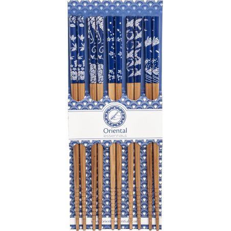 Set of 5 pairs of Japanese chopsticks with blue patterns