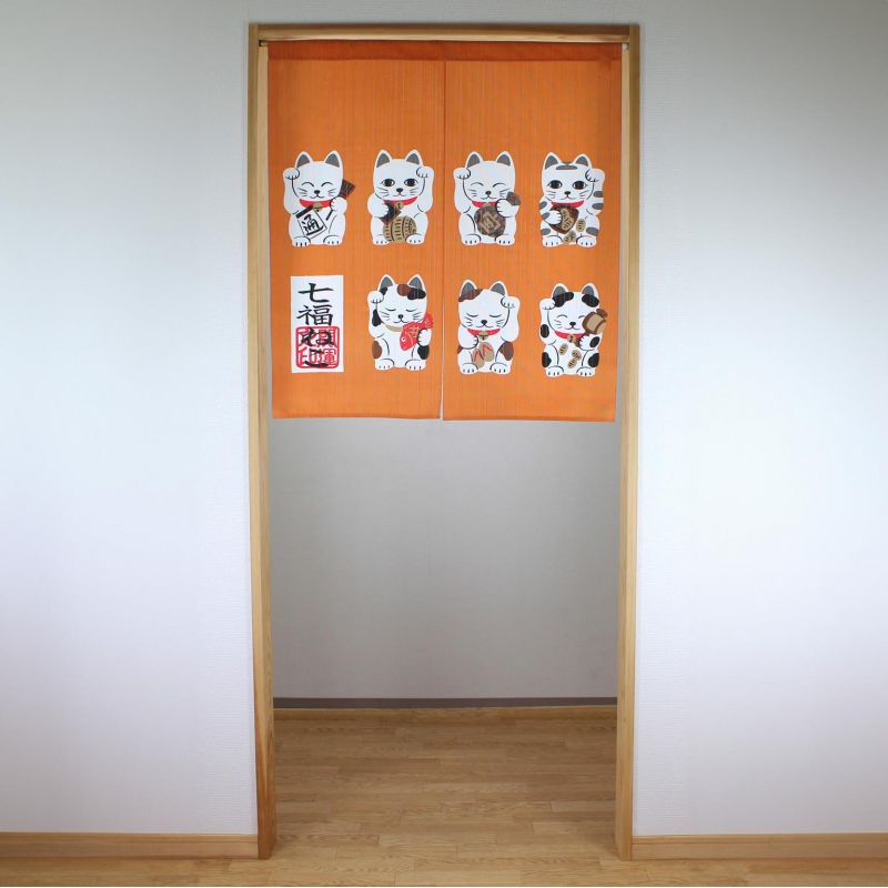 Orange Polyester Japanese Noren Curtain, Manekineko