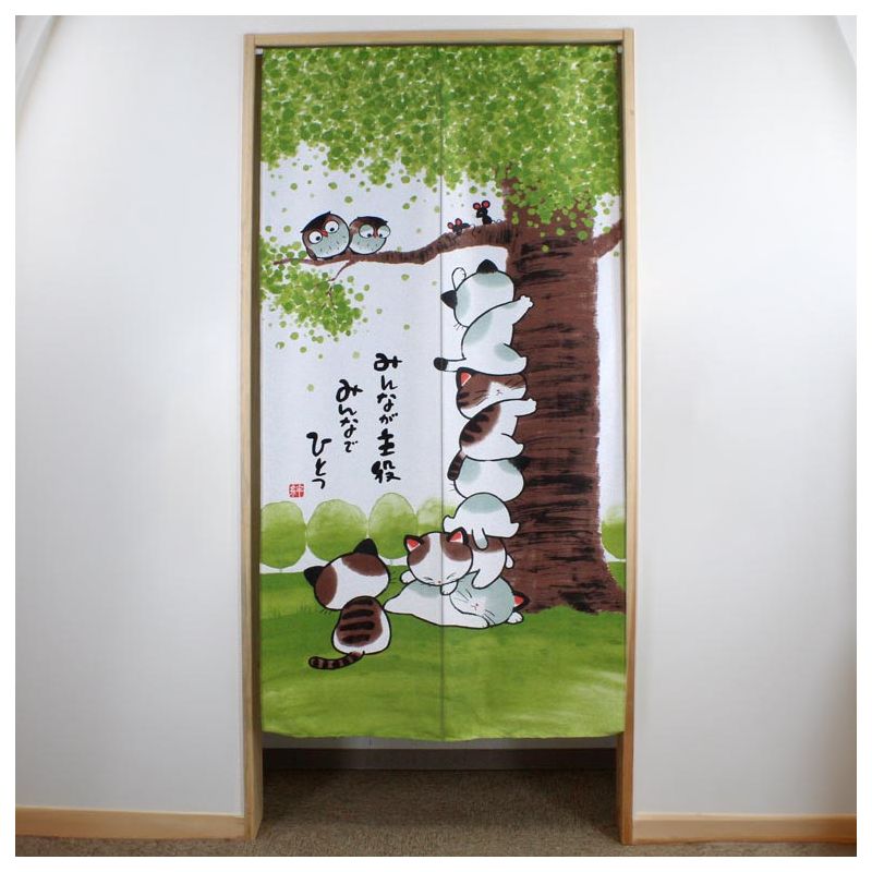 japanese noren curtain tree and cats 85 x 170 cm MINNA GA SHUYAKU