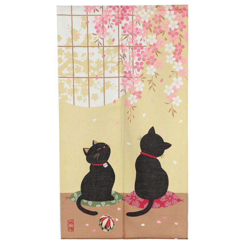 Japanese Noren curtain, polyester, 85 x 150 cm, 2 black cats, KURO NEKO