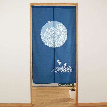 Cortina japonesa noren azul, poliéster, 85 x 150 cm, olas y pájaros, NAMI CHIDORI