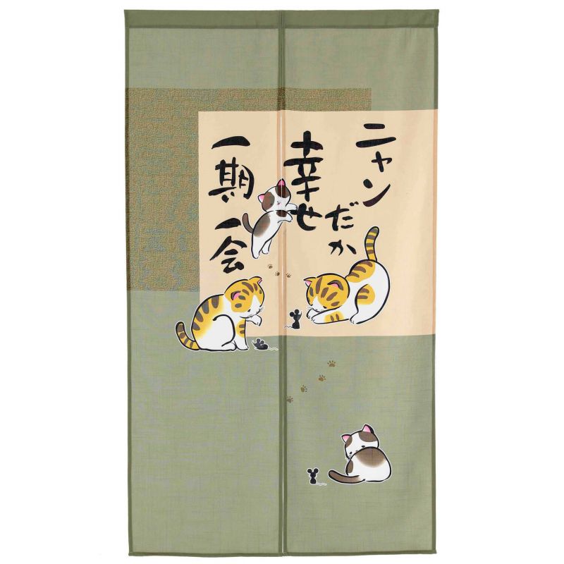 Grüner japanischer Noren-Vorhang, Polyester, 85 x 150 cm, verspielte Katzen, Nyandaka