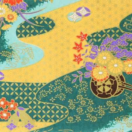 large sheet of Japanese paper, YUZEN WASHI, green and yellow, Flower carriage and precious mist