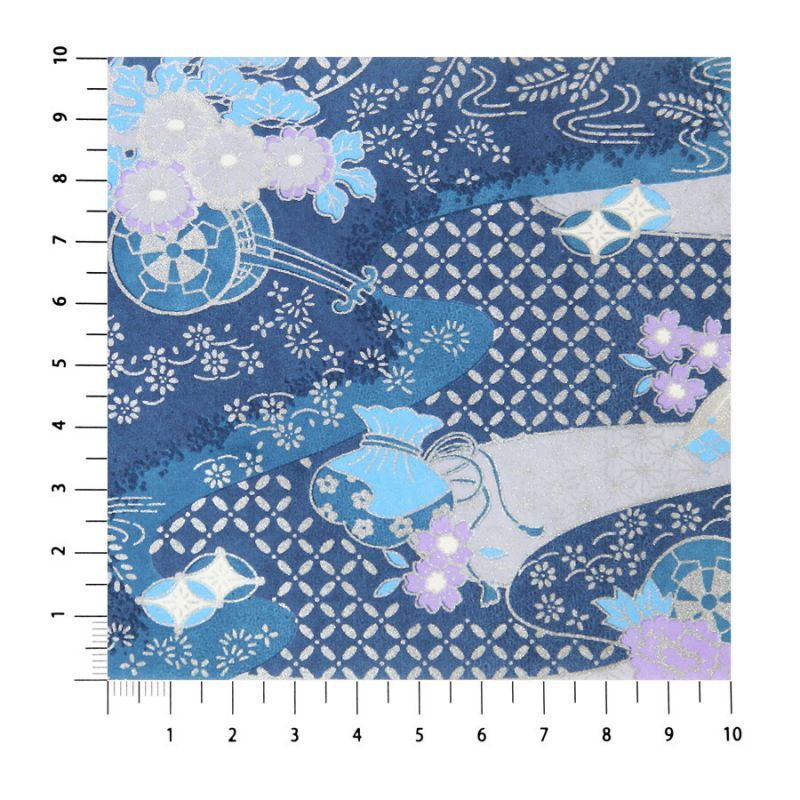 grande feuille papier japonais, YUZEN WASHI, bleu, Carrosse de fleurs et brume précieuse