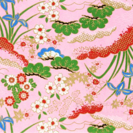 hoja grande de papel japonés, YUZEN WASHI, rosa, estampado Hanayose