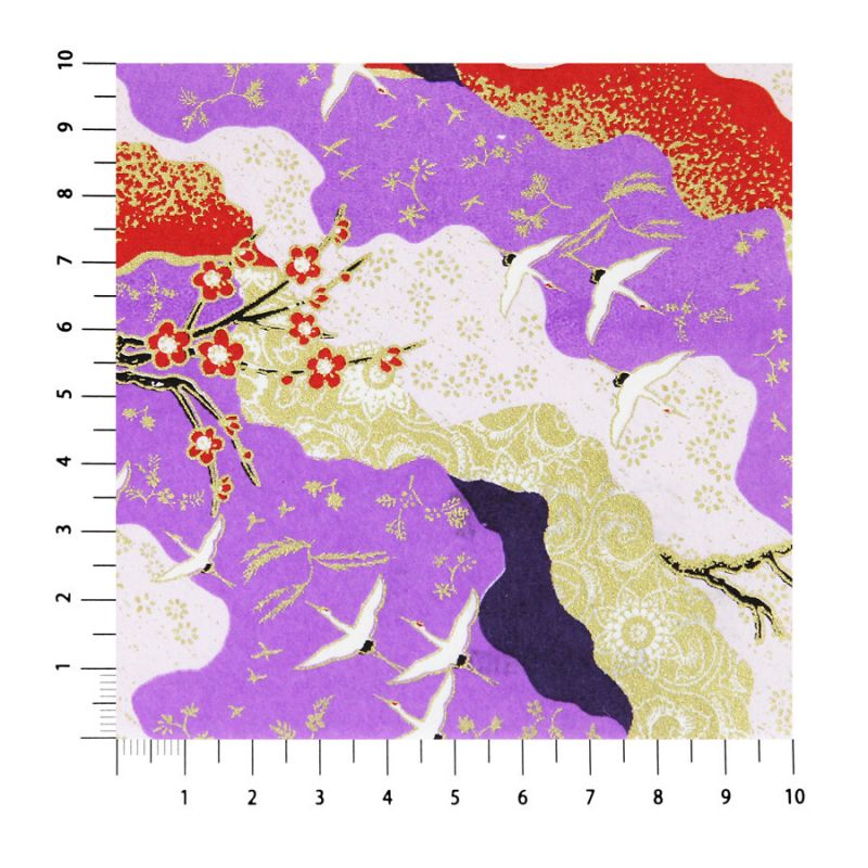 grande feuille papier japonais, YUZEN WASHI, violet, motif Grue et fleurs de prunier rouge et blanc